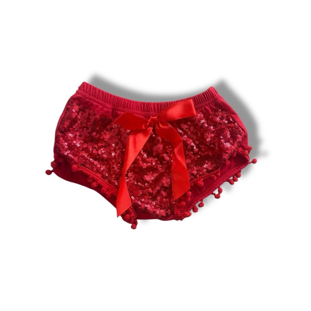 Red Sequin Pom Pom Shorts